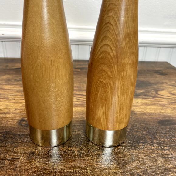 Wooden Salt Shaker and Pepper Grinder Set 10" Sleek MCM Modern Silver Accent - Picture 3 of 7